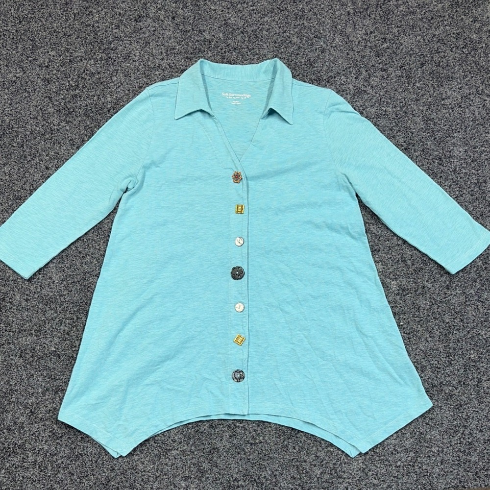 Soft Surroundings Tunic Women M Blue Cotton Slub Mixed Button Sharkbite Boho Top